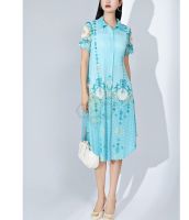 ♝ Aiden001 23052 Average Size  Summer Womens Lapel Short-Sleeved Single-Breasted Button-Up Printed Mothers Mid-Length Pleated Dress