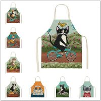 1Pcs Kitchen Apron Cartoon Cat Printed Sleeveless Cotton Linen Aprons Home Cleaning Clothes 2 Size 68x55cm/47x38cm Delantal Aprons