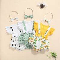 2Pcs Sweet Style Baby Girls Outfit, Toddlers Summer Floral/Lemon/Dot Printing Fly Sleeve Splicing Romper + Bow Headwear Set  by Hs2023