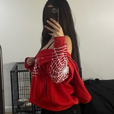Y2K Retro American Womens New Loose Printing Jacket Tide Red Spider Long Sleeve Zip Up Gothic Punk Fashion Casual Sweatshirts