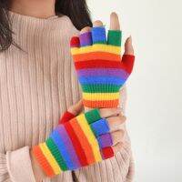 Kids Winter Knitted Full Half Finger Gloves Rainbow Colorful Striped Boys Girls Harajuku Outdoor Windproof Mittens 5-15T