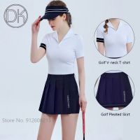 DK Summer Ladies Short-sleeved Tops V-neck Quick-dry Golf T-shirt Women Pleated Skirt Slim Pencil Skort Clothing Sets S-XXL