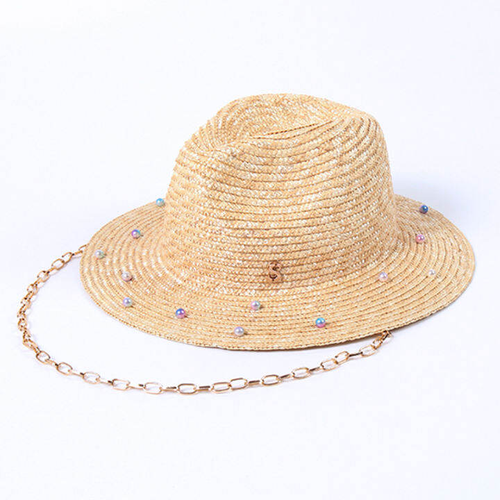 luxury-desige-pearl-straw-fedoras-หมวกโลหะ-chain-ผู้หญิงฤดูร้อน-sun-หมวกสุภาพสตรี-tea-party-หมวกคอ-flap-หมวกปานามา