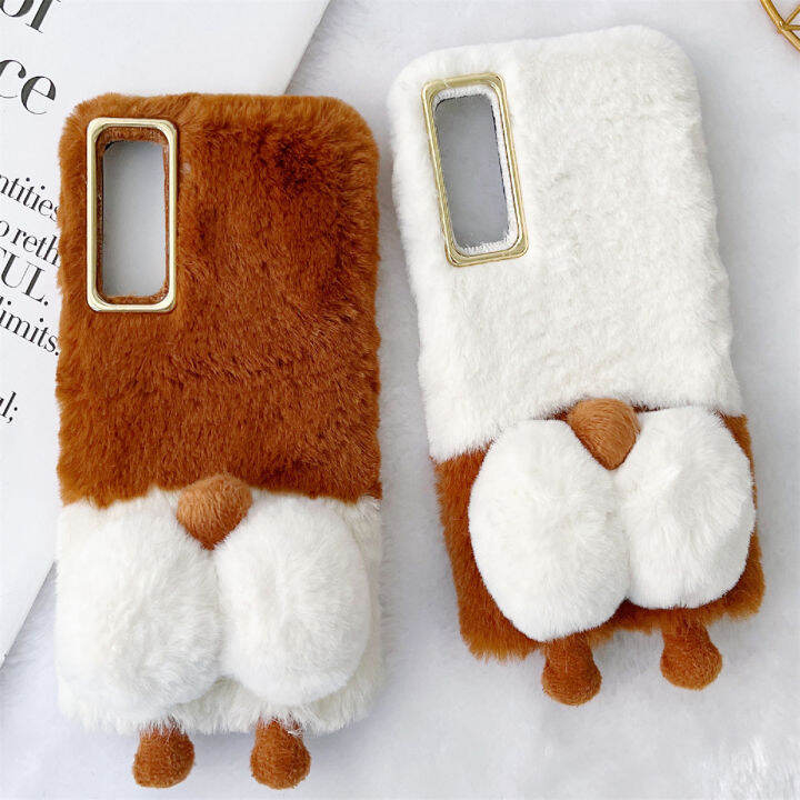 สำหรับ-oppo-reno2-reno3-reno4-reno5-reno6-reno7-z-ค้นหา-x3-pro-furry-case-น่ารัก-corgi-สุนัขหางกรณีกลับ-super-นุ่มตุ๊กตาของเล่น-plush-faux-fur-ขนปุยป้องกัน