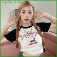 AngelCity เสื้อยืดแขนแร็กแลนพิมพ์ลายอเมริกาแบบย้อนยุคเสื้อผู้หญิงคอกลมเสื้อครอปแบบบางสำหรับฤดูร้อน