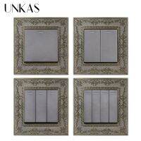 UNKAS 1 2 3 4 Gang 1 / 2 Way Wall Light On / Off Switch Grey 4D Embossing Panel Retro Zinc Alloy Luxury Pass Through Gray 86MM Power Points  Switches