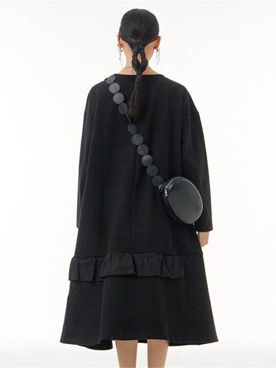 xitao-dress-long-sleeve-black-patchwork-casual-loose-dress