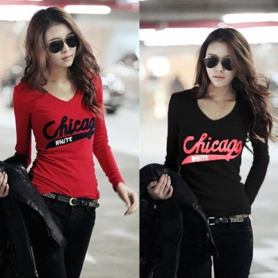 [COD] A generation of 2020 spring letter printing casual large size thin T-shirt slim V-neck long-sleeved bottoming