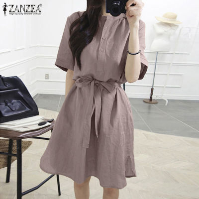 (สินค้ามาใหม่)(จัดส่งฟรี)Fancystyle ZANZEA เสื้อฝ้ายลินินของผู้หญิงชุดลำลองย้อนยุคติดกระดุมเดรสแขนสั้น #8