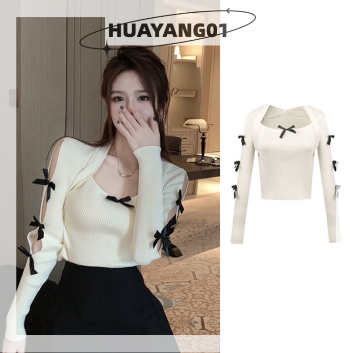 huayang01สเวตเตอร์ผูกโบว์หวานสำหรับผู้หญิง-เสื้อสเวตเตอร์คอเหลี่ยมแขนปิดไหล่ยาวเสื้อกันหนาวถักเพรียวบางสำหรับฤดูใบไม้ร่วง