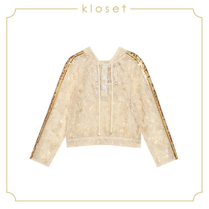 kloset-hooded-lace-jacket-with-detail-on-sleeves-ss19-t023-เสื้อผ้าผู้หญิง-เสื้อผ้าแฟชั่น-เสื้อคลุม-เสื้อแจ๊คเก็ต-เสื้อลูกไม้