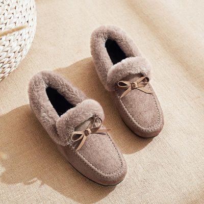Flats Loafers Winter Women Shoes Warm Short Flock Inside Sewing Slip-On Casual Ladies Non-Slip Bottom Female Comfortable Fashion