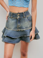 Cider Denim Fringe Layered Mini Skirt