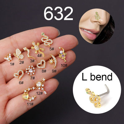 1PC New Fashion L Shaped Nose Studs Piercing Stainless Steel Flower Cubic Zirconia 20G Nostril Screw Indian Nose Ring Piercing
