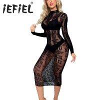 ▧ yueshilu010514 Womens Mesh Bodycon See-through Sleeve Crew Neck Dresses for Nightwear Clubwear Pole Dancing