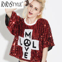 RYRYSTYLE เสื้อยืดสวมหัวลายรอบคอหลวมสำหรับผู้หญิง,เสื้อแขนสั้นปักเลื่อมตัวอักษรเครื่องแต่งกายสำหรับการแสดงบนเวทีชุดการแสดง