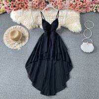 【HOT】◐▧✎ Black/White Irregular Spaghetti Strapless Waist Ruffle Vestidos