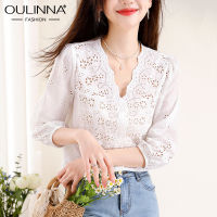 OULINNA เสื้อ2023ผู้หญิงแขนพองคอวีทรงหลวมปักลายสวยงามสำหรับฤดูร้อน