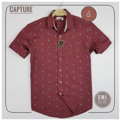 Capture Shirt เสื้อเชิ้ตผู้ชาย เชิ้ตแขนสั้น คอปก ลายคริสต์มาส สีแดง มีถึงอก 48 นิ้ว