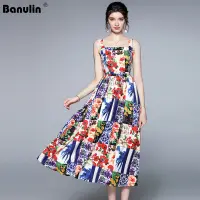 Banulin  Summer Womens Spaghetti Strap Beach Dress Square Collar Floral Print Backless Holiday Elegant Party Midi Dress