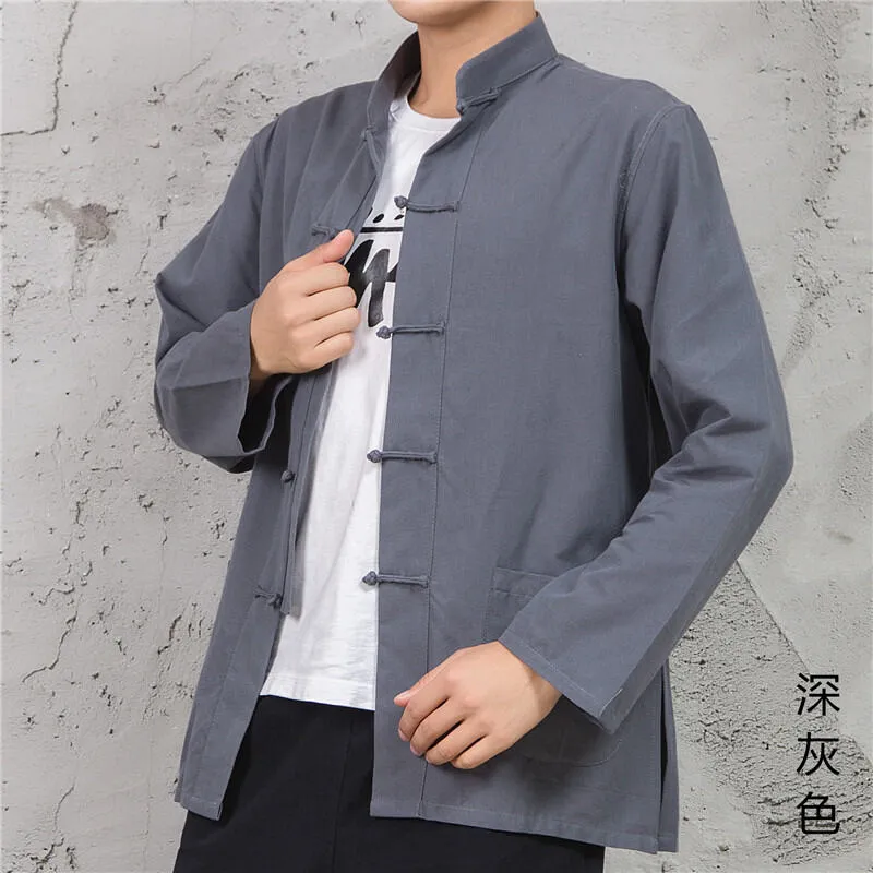 Zimaes-Men Oversized Tang Suit Long Sleeves Linen Blend Top Shirt 