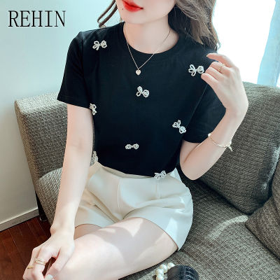REHIN เสื้อยืดแขนสั้นผู้หญิง,เสื้อยืดสไตล์เกาหลีแบบใหม่แฟชั่นคอกลมผ้าฝ้ายหวานฤดูร้อน
