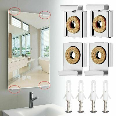 4pcs Glass Clamp Bathroom Mirror Glass Wall Hanging Fixing Kit Frameless Clips Mounting Hanger Clamp Chrome Wall Brackets Clamps Picture Hangers Hooks