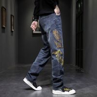 Spot high quality] extra-large tannin jeans boys Chinese style Pisces high-grade embroidered jeans mens tide card plus size loose small straight autumn and winter stretch trousersTH