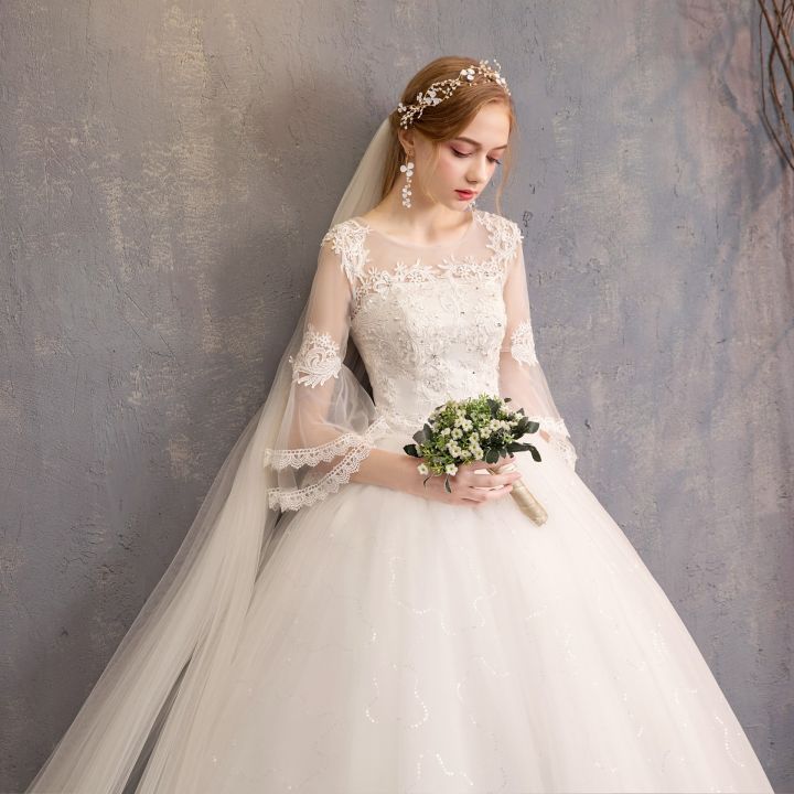 ชุดแต่งงานแบบใหม่ไหล่เดียวแขนกลางเจ้าสาวสไตล์เกาหลีชุดแต่งงานทรงสลิมขนาดใหญ่-h16