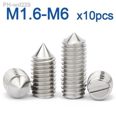 10pcs/lot Stainless Steel Slotted Head Cone Point Grub Set Screw M1.6 M2 M2.5 M3 M4 M5 M6 M8 M10 Tapered End Headless Bolt