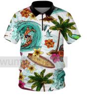 （Customizable）Beach polo short sleeved seaseaShellss, boats, coconut trees, and other patterns are essential for leisure travel. polo Short sleeves can be customized for travel polo shirt 01(Leisure polo in stock)