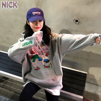 NICK เสื้อแจ็คเก็ตผู้หญิงหลวมสเว็ตเตอร์แบบนักเรียนอเนกประสงค์พิมพ์ลายการ์ตูนพลัสเสื้อกำมะหยี่มีฮู้ด