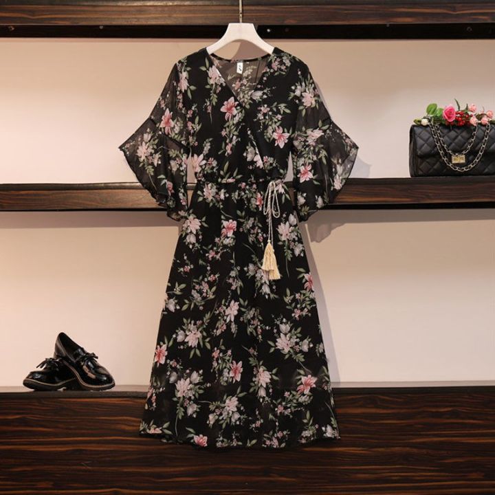 floral-dress-chiffon-womens-plus-size-dress-korean-v-neck-female-summer-new-casual-dress-midi-dress