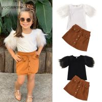 FOCUSNORM 2-8Y Fashion Infant Girls Clothes Sets Fur Short Sleeve Solid T Shirts Tops Button A-Line Skirts