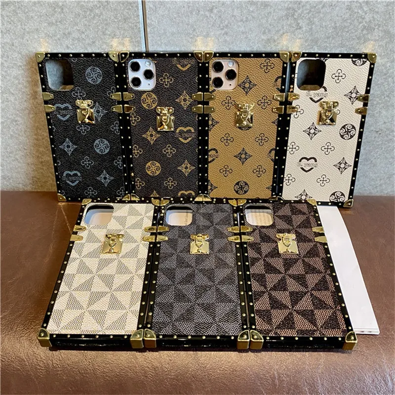 Luxury Square Geometric Leather Phone Case For iPhone 13 12 11 Pro 7 8Plus  XR Xs Max Vintage Lattice Cover For samsung S20FE S21