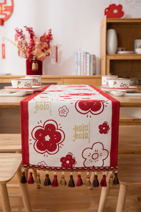 เสื่อผ้าปูโต๊ะสำหรับเทศกาลดอกไม้สีแดงโบว์ตัวอักษรจีนผ้าปูโต๊ะคริสต์มาส-tassels-โต๊ะรับประทานอาหาร-ถังหางเตียงตู้ทีวีมีช่องวางทีวีผ้าปูโต๊ะของตกแต่งงานปาร์ตี้สำหรับงานเลี้ยง