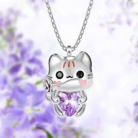 ✆ Creative Cartoon Cat Heart Crystal Pendant Necklace for Women Exquisite Animal Jewelry Party Accessories Lovely Girl Birth Gifts