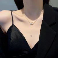 Yuki Kalung Baja Tahan Karat ห้อยระย้ารูปหัวใจยาวของเครื่องประดับสำหรับผู้หญิงสร้อยคอสร้อยคอพร้อยจี้เพชรรัสเซียของขวัญสำหรับผู้หญิง