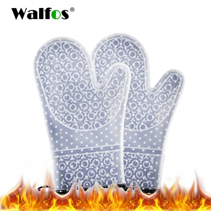 WALFOS ถุงมือเตาอบในครัวพร้อมถุงมือเตาอบเปลือกซิลิโคนใสกันลื่น ถุงมือทนความร้อนชั้นซิลิโคนและผ้าฝ้าย