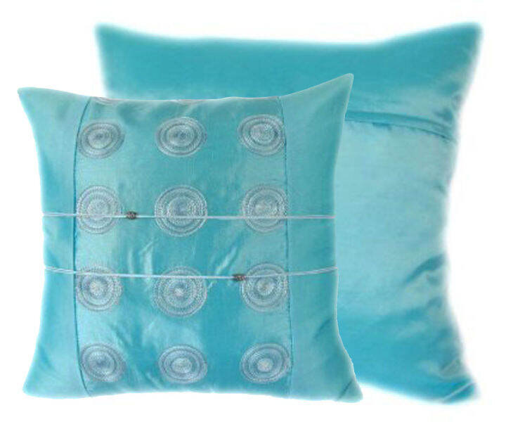 A15Thai Silk Pillow Covers ปลอกหมอนอิง ไหมไทยลายปักกลม 16×16 นิ้ว 1 คู่ สีฟ้า Lazada.co.th