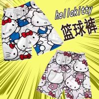 กางเกงขาสั้นลาย Hello Kitty กางเกง SL สำหรับผู้ชายและผู้หญิงสไตล์ฮาราจูกุทรงหลวมๆชายหาดแบบลำลองห้าแต้มสำหรับฤดูร้อน