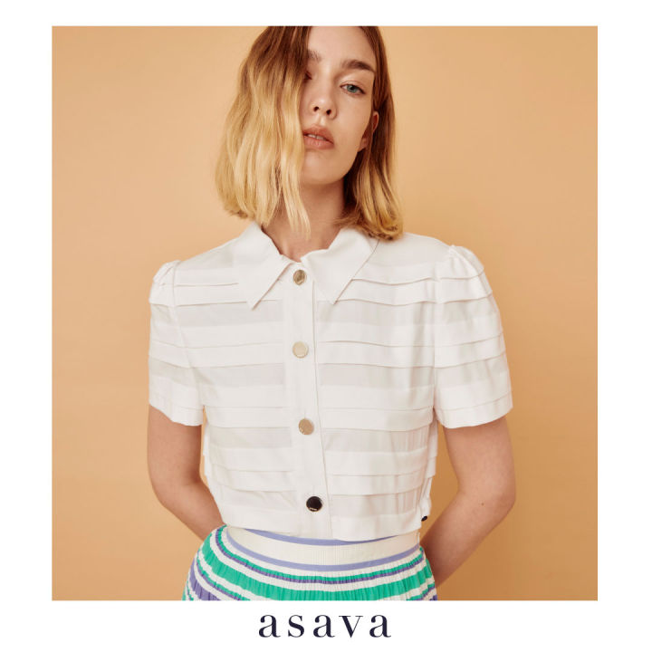 asava-aw22-asava-pleated-shirt-เสื้อผู้หญิงตัดต่อผ้าพลีต-แขนสั้น-กระดุมหน้า