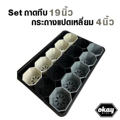 Okay plas set ถาดไดโซะแบบทึบ ขนาด 19 นิ้ว + กระถางแปดเหลี่ยม 3 นิ้ว 24 ใบ