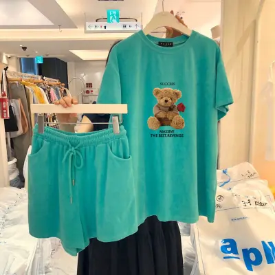 YIYI SHOP ชุดลำลองแฟชั่นผู้หญิง ชุดเซต 2ชิ้น เสื้อแขนสั้น+กางเกงขาสั้น ลายหมี น่ารัก สไตส์เกาหลี
