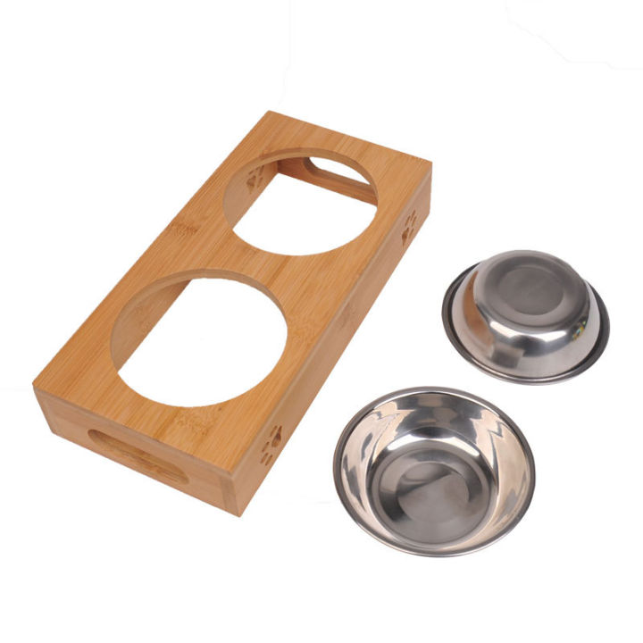 ชามอาหารแมว-ฐานไม้ไผ่-2ช่อง-bo10-ชามอาหารสุนัข-wooden-double-stainless-bowl