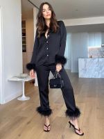 【DT】hot！ Piece Set Feather Trim Pant Sets Sleeve Blazer   Straight Pants Female 2Pcs