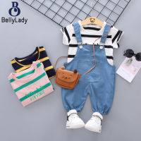 2pcs/set Children Overalls Suit Striped Printing Short Sleeves Round Neck T-shirt For 1-5 Years Old Boys Girls【fast】