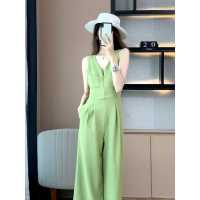 Fast Shipping Wide -Leg Pants Female Summer Casual Jumpsuit Straight Sports 2023 V -Neck Thin Style Tide