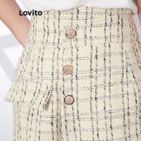 Lovito กางเกงขาสั้นลําลอง ลายสก็อต เอวไม่สมมาตร L29AD069 (สีขาวออฟไวท์)