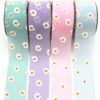 New diy 25yards 4 cm Daisy printed chiffon cloth ribbon woven flower shoes Hat Flower Bow accessories gift packaging Gift Wrapping  Bags